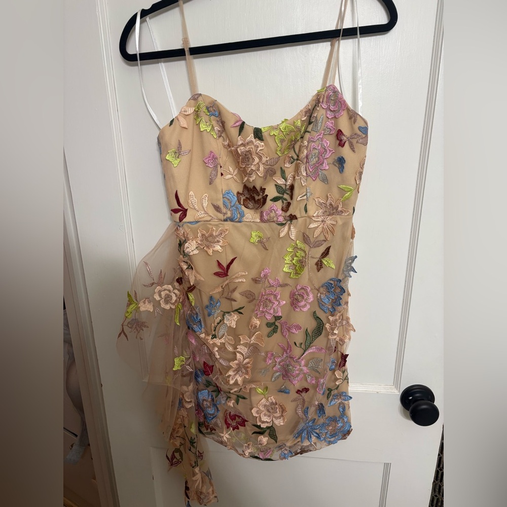 Minuet Petite Embroidered Dress with Pink and Green Accents